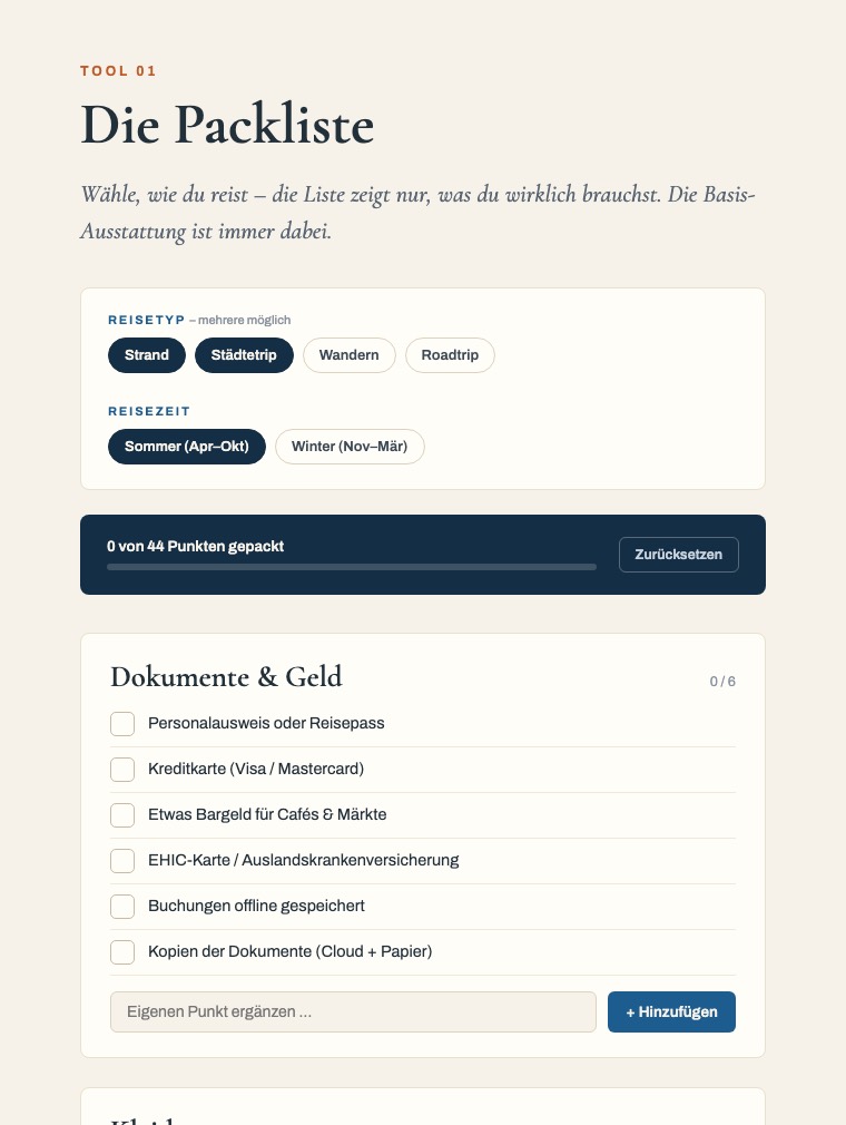 Die smarte Packliste des Reise-Toolkits mit Reisetyp-Filtern